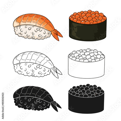 Variety of traditional japanese sushi dishes featuring shrimp nigiri and gunkan maki with red caviar shown in color and line art styles.