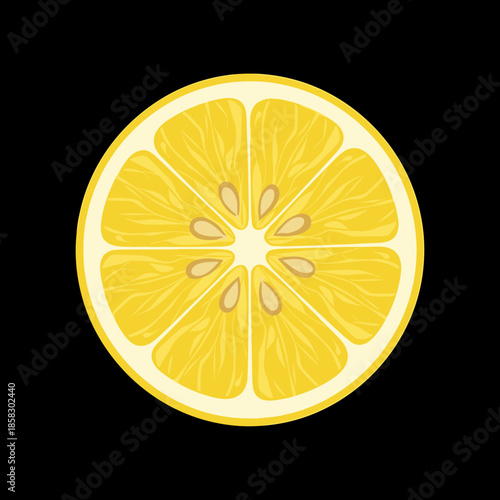 Cross section of a fresh yellow lemon slice highlighting the juicy segments and seeds set against a solid black background for contrast.