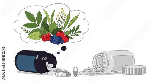 Concept of herbal medicine with pills spilling out of bottles and a thought bubble filled with fresh berries and green leaves.