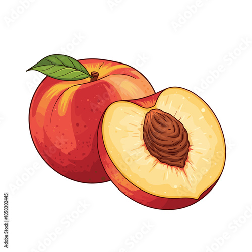 Whole ripe peach with a green leaf and a half fruit showing the stone pit inside for healthy fruit and agricultural product concepts.