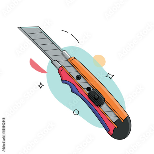Sharp utility knife with a retractable blade and an orange and purple handle shown in a clean vector illustration style with abstract shapes.