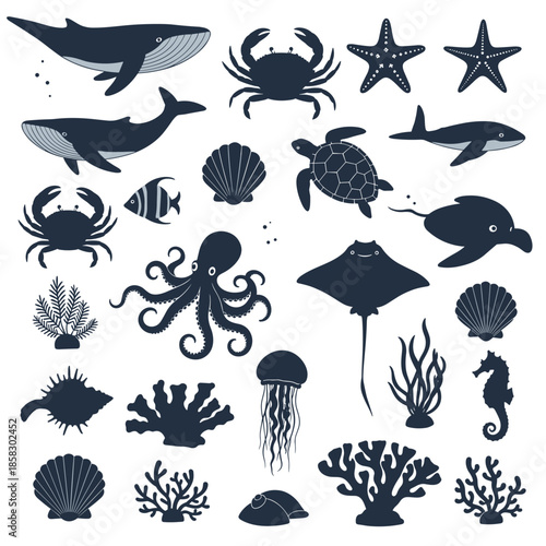 Diverse set of marine animal silhouettes including whales dolphins octopuses crabs seahorses and various types of corals and shells.