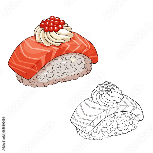Appetizing piece of salmon nigiri sushi topped with a swirl of cream and a cluster of red caviar shown in color and outline versions.