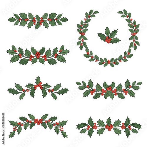 Collection of traditional christmas holly berry ornaments including borders wreaths and individual branches with green leaves and red berries.