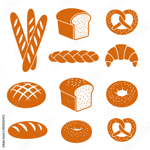 Collection of orange bread and bakery icons representing various items like baguettes croissants pretzels and buns for signage or menus.