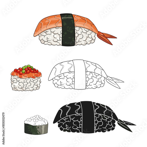 Assortment of sushi pieces including shrimp nigiri and caviar gunkan shown in color and black and white versions for menu design.
