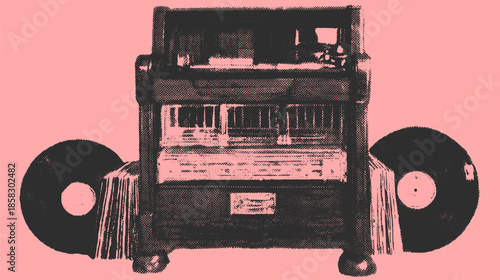 Jukebox set with vinyl records and retro music player. Colorful vector illustration showcasing classic audio equipment in a flat style.