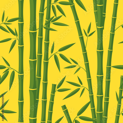 Seamless pattern of green bamboo stalks and leaves on a bright yellow background creating a vibrant and tropical atmosphere.