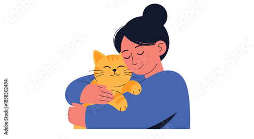 Loving young woman hugging her orange tabby cat with closed eyes expressing deep affection and comfort in a simple flat style.