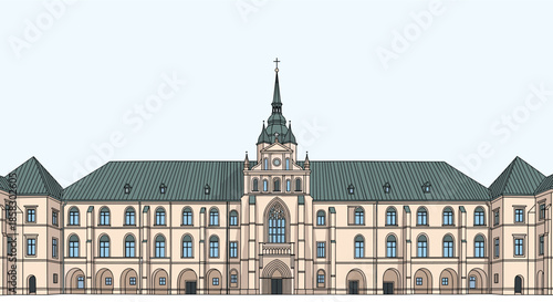 Grand historical building with classical architecture and a tall central spire shown in a detailed flat illustration for travel.