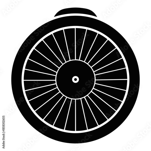 Stylized black and white graphic icon representing a detailed vehicle wheel or bicycle rim design with numerous spokes and a central hub.