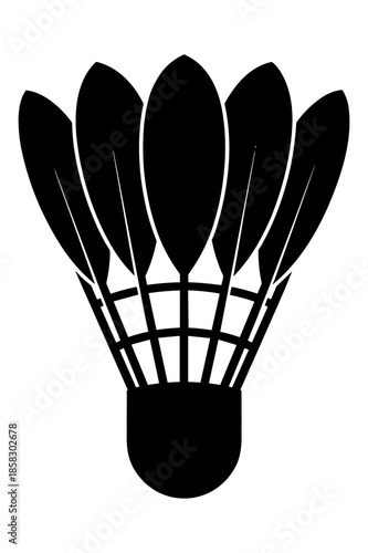 Silhouette icon of a traditional feathered shuttlecock used for the fast-paced racket sport of badminton featuring dark black graphics.