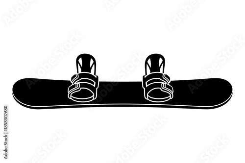 Silhouette icon design of a black snowboard featuring adjustable bindings clearly visible for winter sports enthusiasts seeking snow riding equipment.