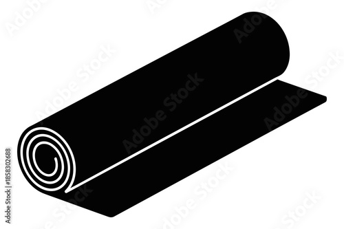 A simple, bold, black and white silhouette icon clearly depicting a tightly rolled material such as a yoga mat or carpet, partially unrolled for practical use.