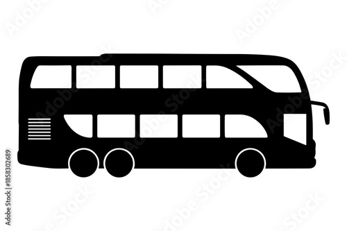 Iconic black silhouette graphic representing a large, multilevel double-decker passenger bus, essential for urban transit and tourist sightseeing tours.