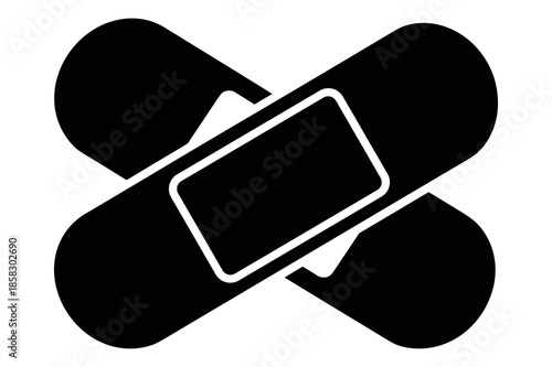 Isolated black and white graphic icon depicting two crossed adhesive bandages symbolizing first aid, minor injury care, wound dressing, or medical recovery concepts clearly.