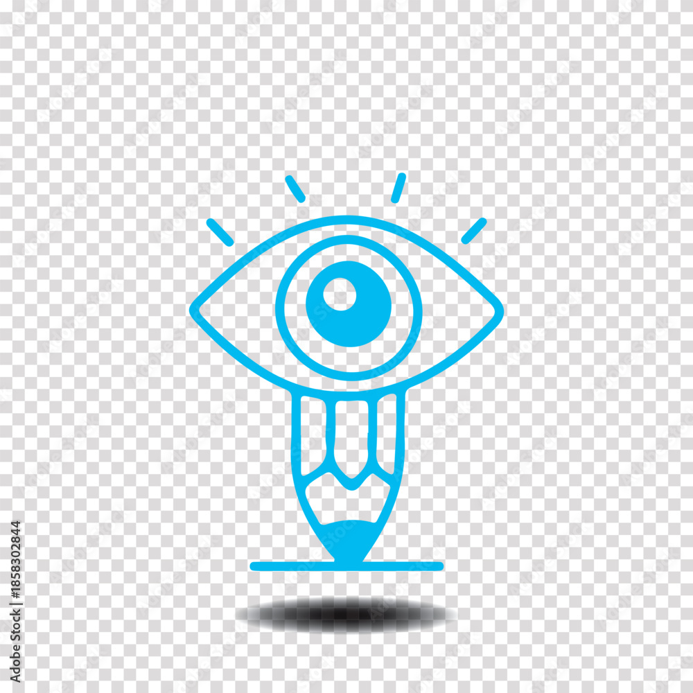 Fototapeta premium Blue line art eye symbol with pencil and radiating lines on transparent background vision drawing