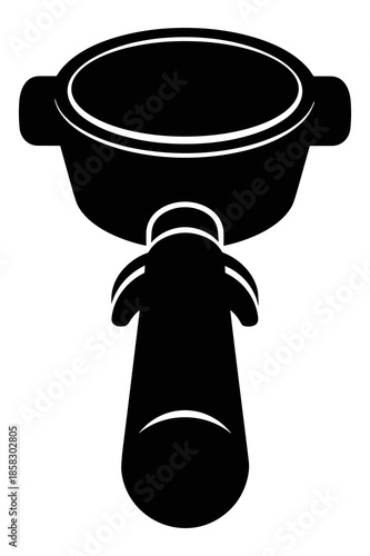 Simple black and white iconographic silhouette representing a professional espresso machine portafilter handle used for brewing strong coffee beverages in cafes.