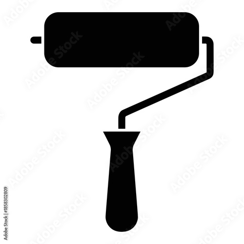 Simple solid black silhouette icon representing a manual paint roller tool used for wall surface coating applications and home improvement projects.