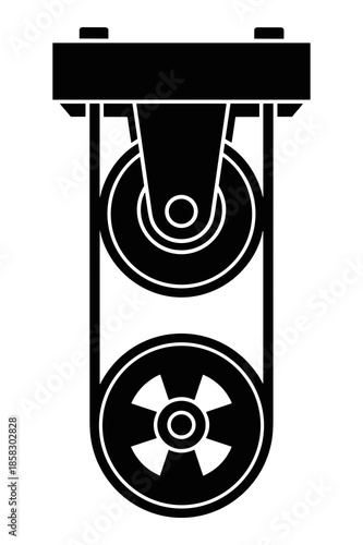 Black and white graphic icon illustrating a functional double-sheave block and tackle pulley system mechanism, essential for mechanical advantage in lifting heavy objects.