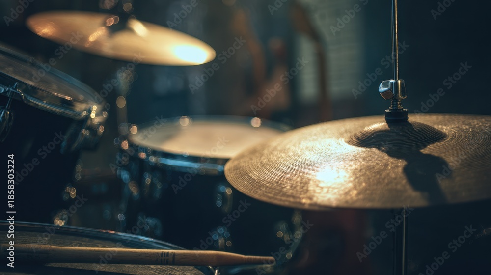 Obraz premium Focused medium shot of a jazzstyle drum set highlighting the ride cymbal and hihat with the rest of the kit subtly blurred for a smooth expressive feel.