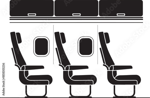 Airline interior view showcasing airplane seats and overhead compartments