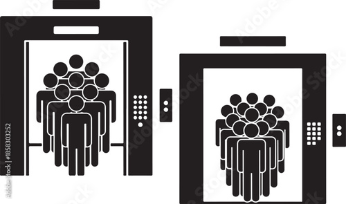 Two black and white elevator icons depicting crowded passenger spaces