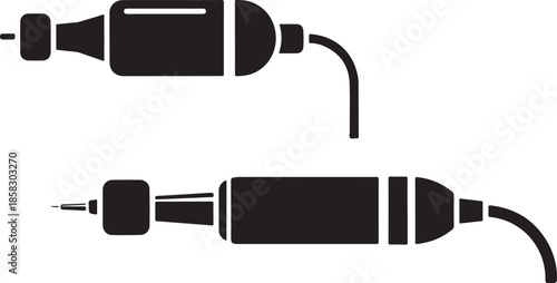 Black and white illustration of two rotary tattoo machines with cables