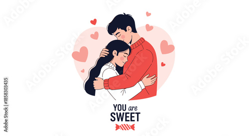 Romantic illustration of a couple hugging with pink and red hearts in the background for a sweet Valentines Day card message.