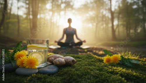 Healthy wellness lifestyle featuring yoga meditation and detox lemon ginger water in a misty nature forest during golden morning sunlight for holistic health, balance, and mindfulness.