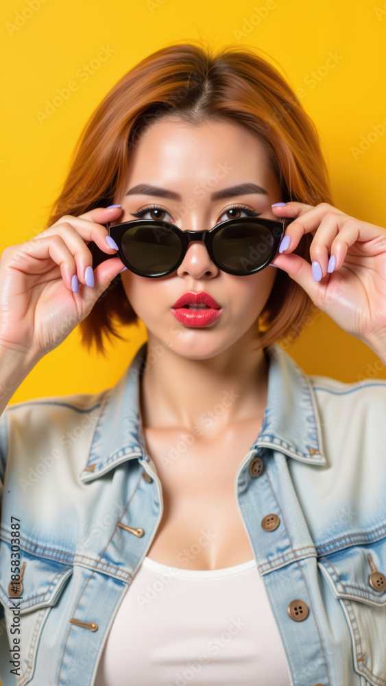 Naklejka premium Stylish woman wearing sunglasses, posing confidently against vibrant yellow background. Her short hair and trendy outfit enhance modern aesthetic