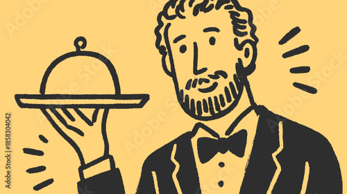Waiter serving food on a tray. Simple vector illustration with a cheerful male figure in a bowtie against a black and yellow background.