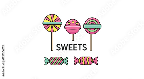 Selection of colorful sweet lollipops and candies in various shapes and patterns with the text sweets written in the center.