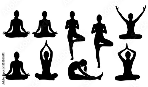Women yoga silhouette vector set with meditation and stretching poses isolated on white