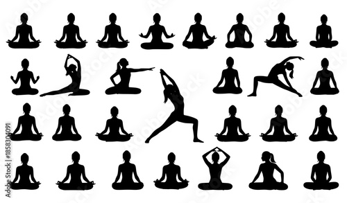 Black women yoga silhouette vector set featuring meditating and stretching poses