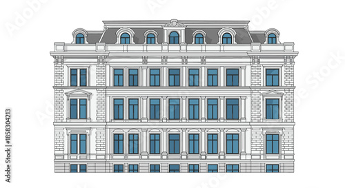 Detailed architectural drawing of a classical European building facade with many windows and ornate roof decorations on white.
