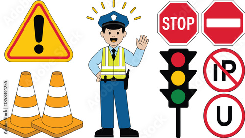 A Comprehensive Set of Traffic Icons Featuring a Police Officer, Two Road Cones, Traffic Lights, and Various Regulatory Road Signs Including Stop and No Parking.