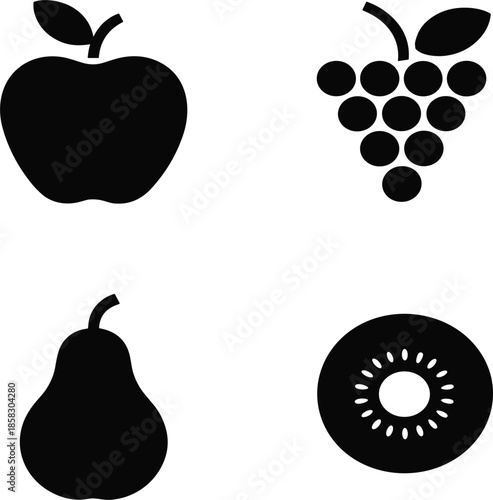 Fresh fruit vector icon set featuring apple, grape, pear, and kiwi symbols for healthy organic food product design