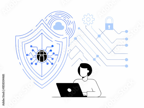 Cybersecurity illustration depicting data protection network security and a user with a laptop