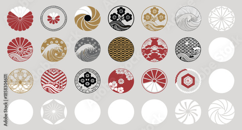 A Comprehensive Collection of 21 Circular Emblems Featuring Traditional Japanese Designs Including Great Waves, Cherry Blossoms, Geometric Patterns, and Botanical Crests.