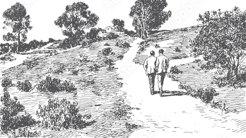 Two people walking on a path in a natural landscape. A monochrome vector illustration featuring trees and bushes in a rural setting.