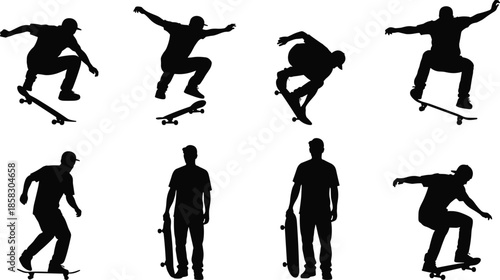Skateboarder silhouette poses set showing jumping tricks riding skateboarding action isolated on white background extreme sport vector illustration