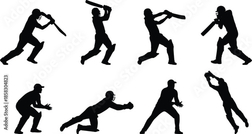Cricket player silhouette collection showing batting bowling fielding poses isolated on white background sports action vector illustration set design elements