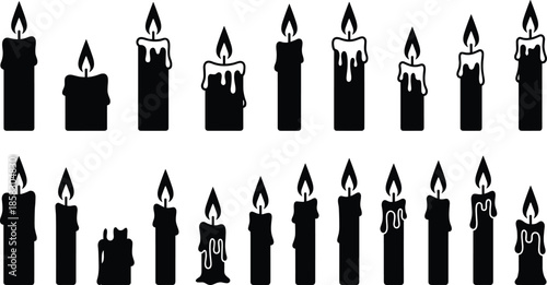 Candle silhouette set showing burning wax candles with flame shapes isolated on white background decorative light vector illustration collection