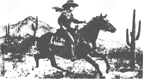 Cowboy riding a horse in a western landscape. Silhouette against mountains and cacti, creating a dynamic vector illustration.