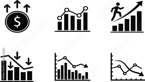 Financial growth and market trend icon set, stock market analysis symbols, investment profit increase and economic recession elements