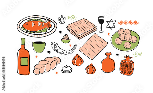 Sketch with Jewish cuisine and religious holidays. Vector illustration. Stuffed fish, hummus, Shofar horn, falafel, challah, matzah, sweets, David star. Festive food for Hanukkah, Tu Bishvat