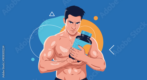Muscular shirtless man holding a large protein supplement bottle in front of a blue background with abstract geometric shapes.