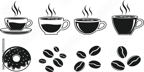 Coffee cup and breakfast food icon set, steaming hot mug symbols, roasted coffee beans and sweet donut elements