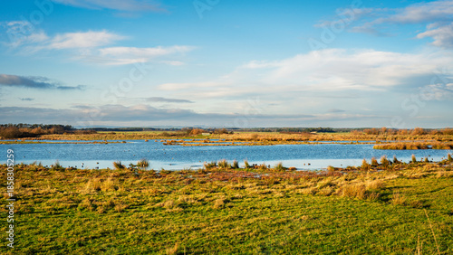 Druridge Pools Nature Reserve looking north, which is close to the Northumberland coast and was a former opencast mine, now a popular reserve with wildfowl and waders in the wetlands